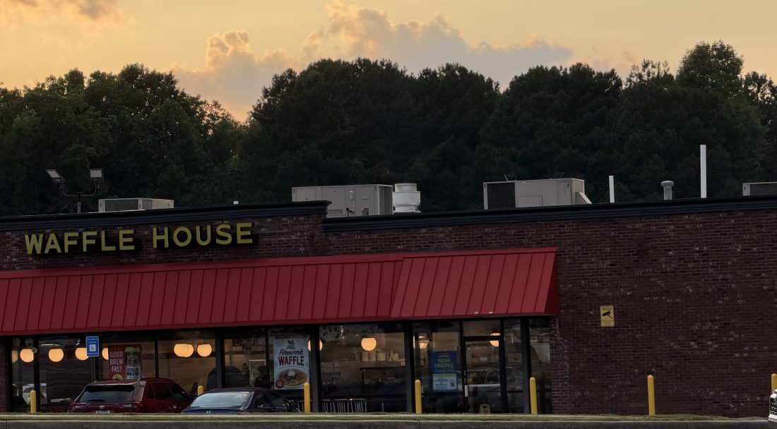 Sunset over the Waffle House in Lilburn, Georgia, on Lawrenceville Highway.