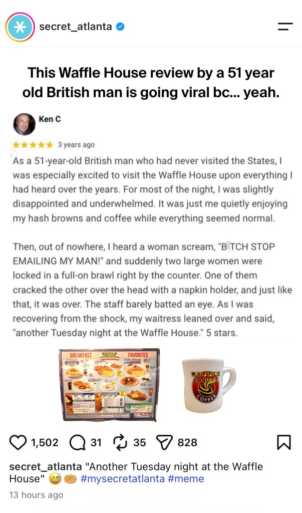 Screenshot of Waffle House review by a British man describing a fight he witnessed