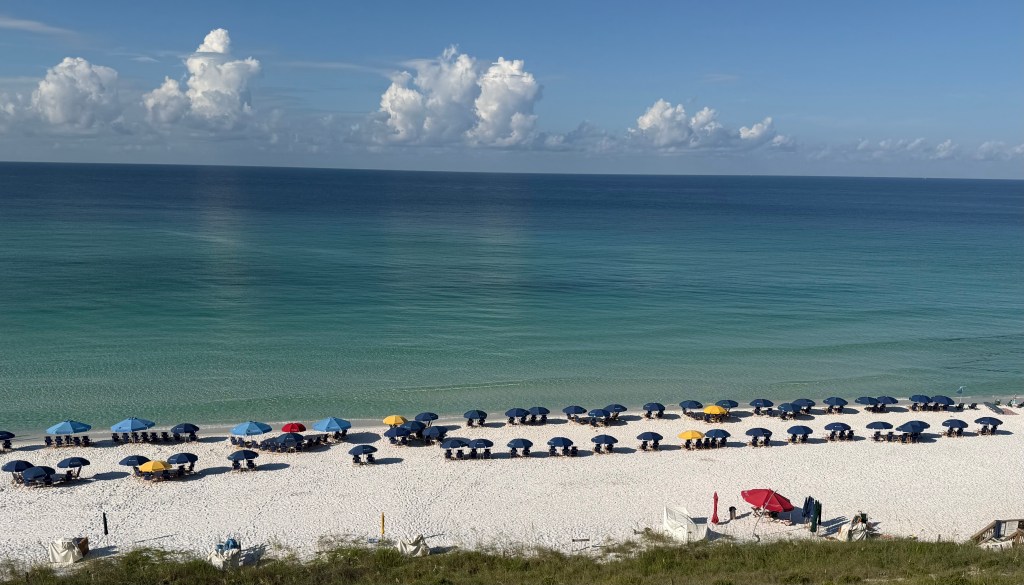 Beach with umbrellas and chairs set out on a sunny morning