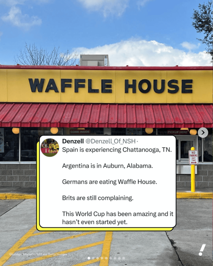 An Instagram post of a Waffle House with a list of countries and the various Southern cultural experiences they are having