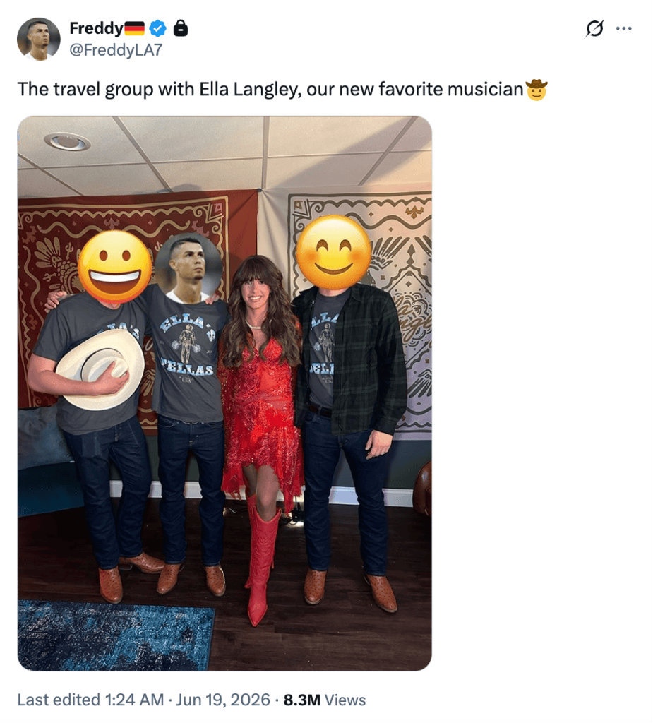 Instagram post of German tourists backstage with country music star Ella Langley