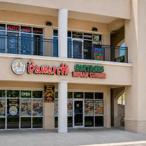 Exterior of a strip mall Indian restaurant