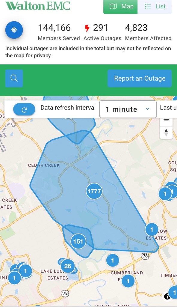 A screenshot of a power outage map for Walton EMC showing 291 active outages affecting 4,823 people